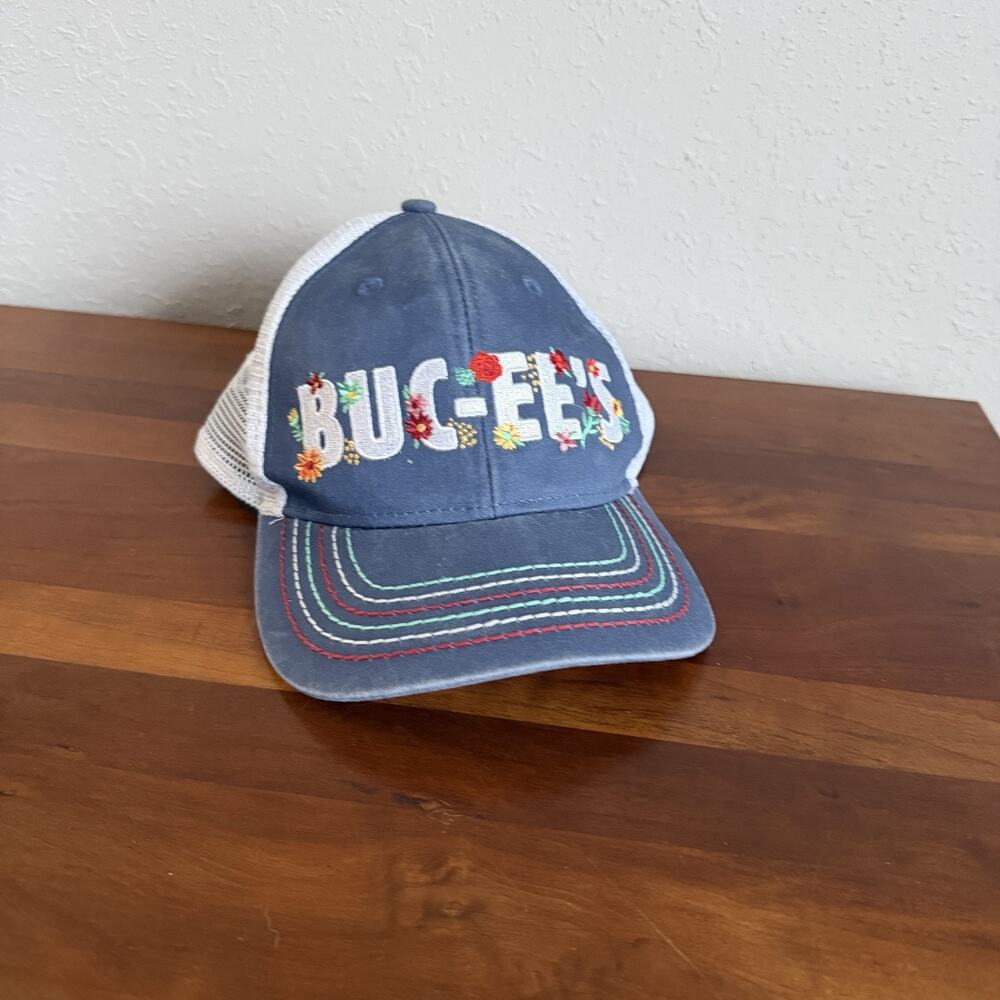 Buc-ees Trucker Hat Cap Womens Blue Floral Embroidered Mesh Ponytail Hole Adjust